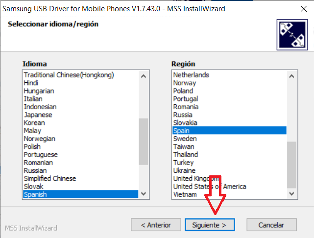 seleccionar idioma instalación driver samsung - instalar los Drivers de Samsung
